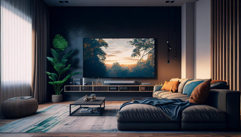 With Sofa Giant Tv Screen Wall Generative Ai Has Created Modern Living Area